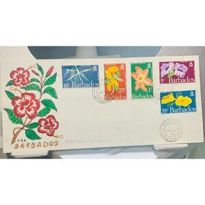 Barbados First Day Of Issue Envelope Featuring 1970 Floral Stamps & Hand-Drawn